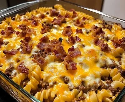 Bacon cheeseburger pasta bake topped with melted cheese and crispy bacon