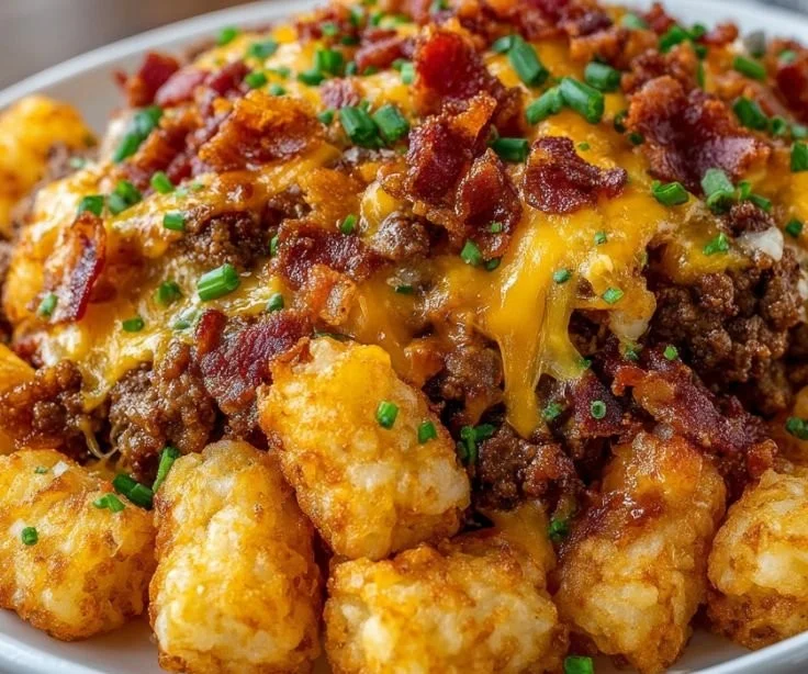 Bacon Cheeseburger Tater Tot Bake, a delicious comfort food dish with toppings.