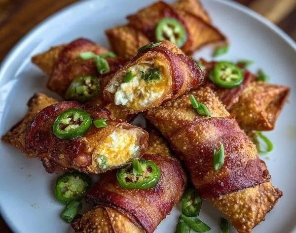 Bacon-wrapped jalapeño popper eggrolls served with dipping sauce.