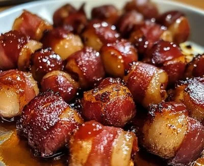 Bacon-wrapped water chestnuts appetizer served on a platter