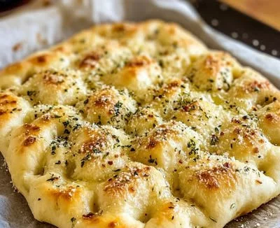 Freshly baked Garlic Parmesan Focaccia bread topped with herbs and garlic