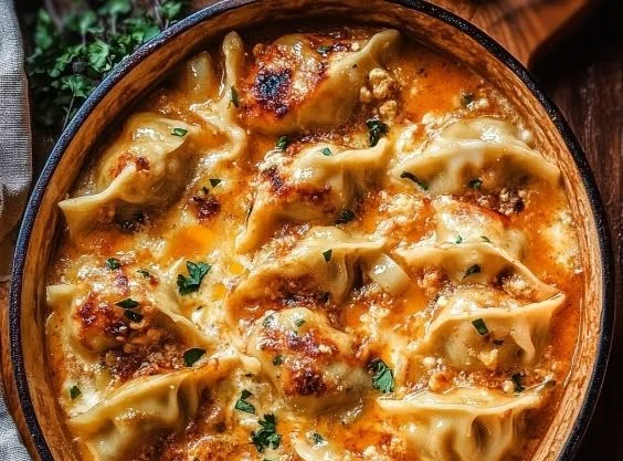Plate of golden baked dumplings served with dipping sauce.