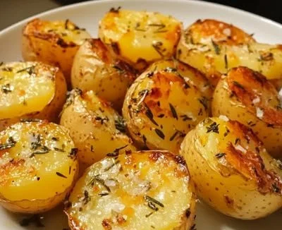 Baked garlic butter potatoes garnished with herbs in a serving dish.