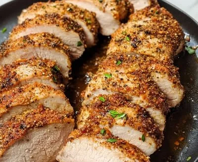 Baked pork tenderloin served with vegetables on a dinner plate.