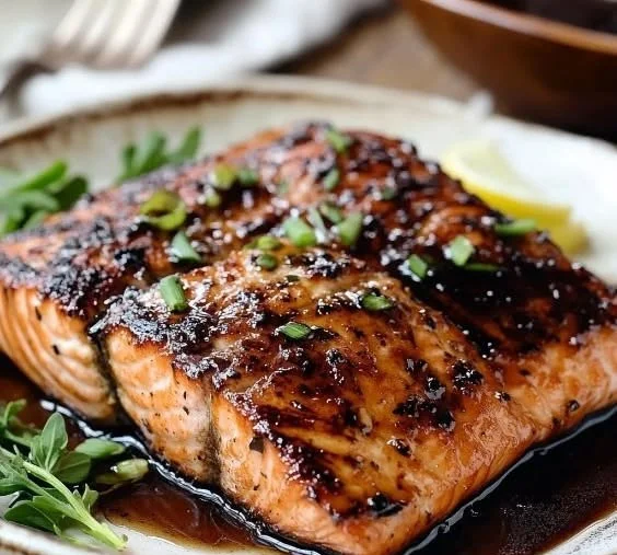 Balsamic glazed salmon served with vegetables on a plate