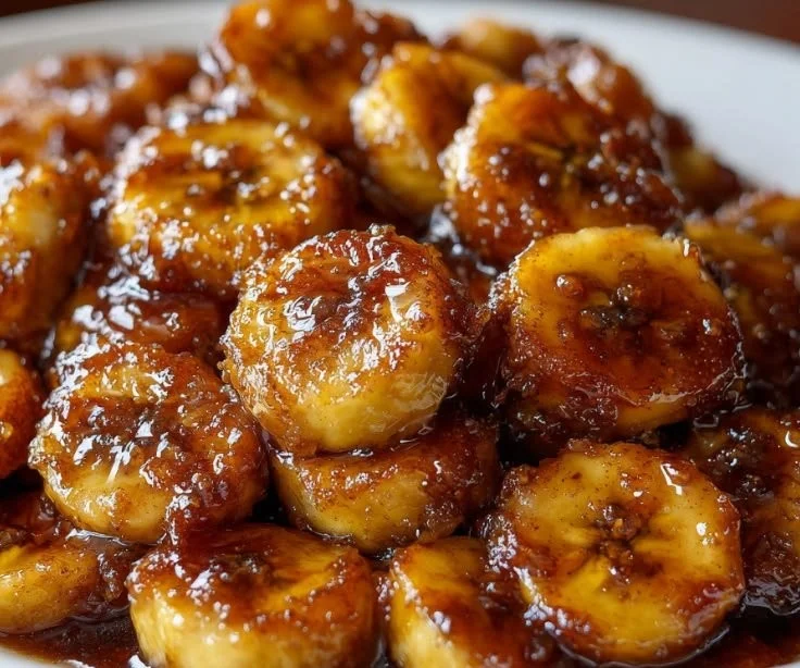 Delicious Bananas Foster Cobbler topped with creamy sauce and banana slices