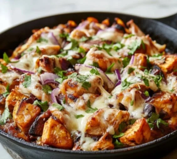BBQ chicken and sweet potato skillet served in a cast iron pan