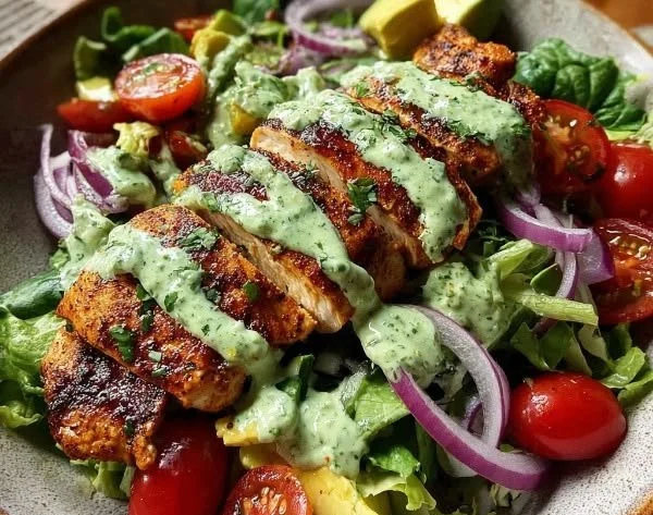 BBQ Chicken Salad topped with creamy avocado dressing, healthy and delicious.