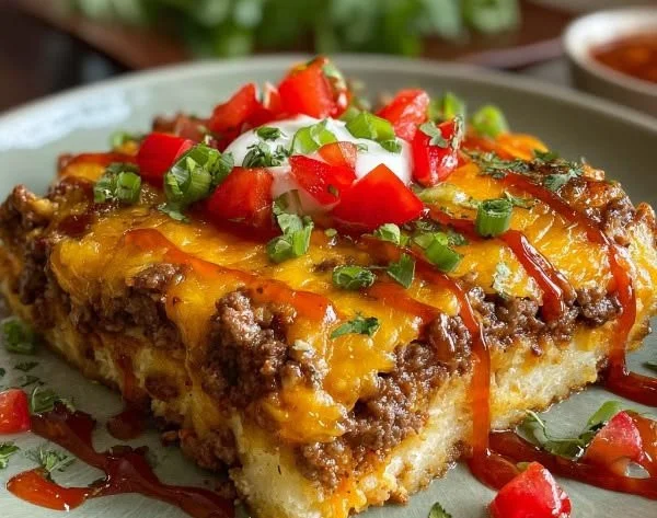 Beef enchilada casserole topped with cheese and garnished with cilantro