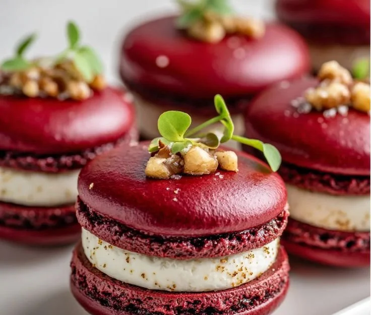Delicious Beet Macarons with Goat Cheese and Walnut Filling on a plate