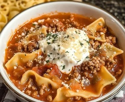 Delicious bowl of crockpot lasagna soup topped with cheese and herbs.
