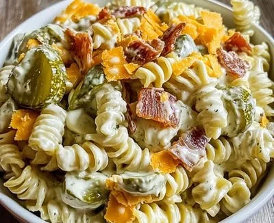 Best dill pickle pasta salad served in a bowl with herbs and spices