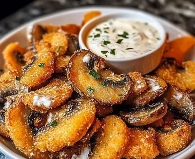 Delicious fried sliced mushrooms served with ranch dressing