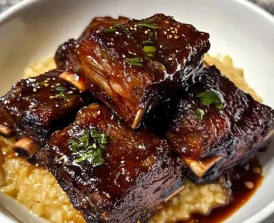 Delicious Maple Bourbon Glazed Short Ribs plated for a feast