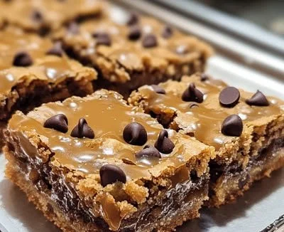Decadent Better Than Anything Bars topped with chocolate and caramel drizzle
