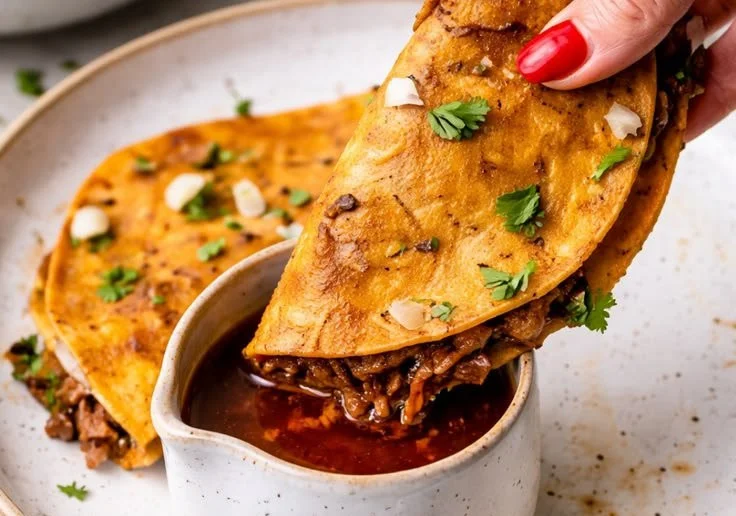 Slow cooker birria tacos simmering in a pot with savory broth and spices.