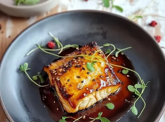 Delicious Black Cod fillet topped with miso glaze on a plate