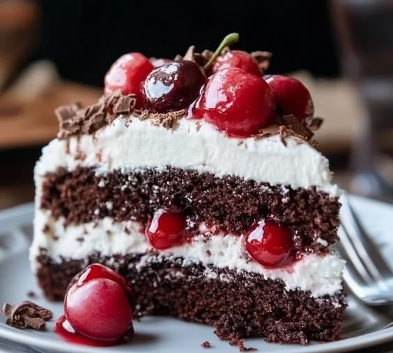 Delicious Black Forest Cake with chocolate layers, cherries, and whipped cream