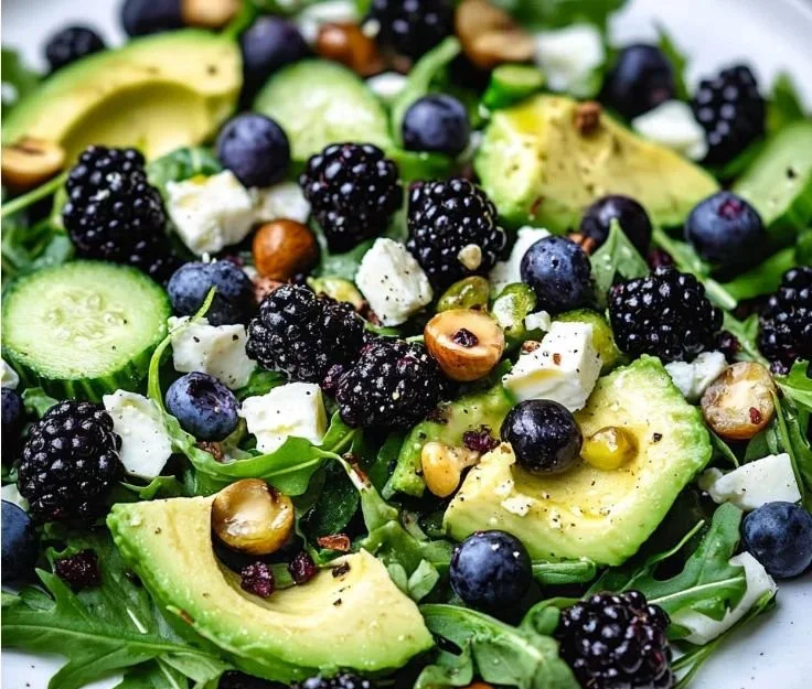 A vibrant Blackberry Avocado Arugula Salad with fresh ingredients and garnishes.