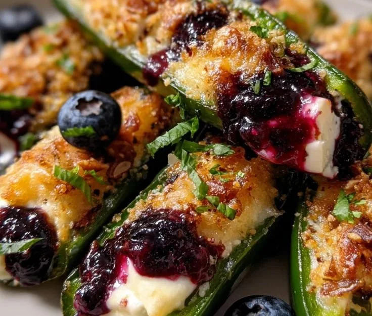 Blueberry brie stuffed jalapeño poppers on a platter