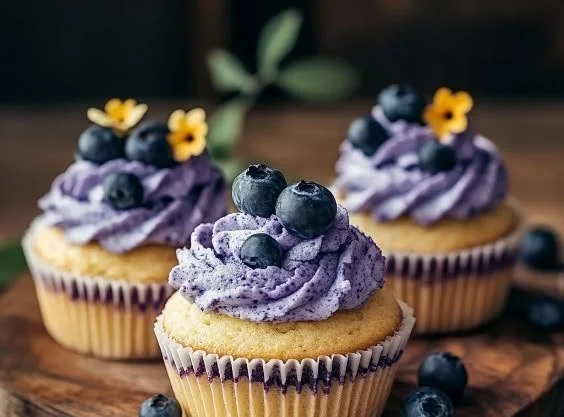 Delicious blueberry cupcakes topped with creamy frosting on a rustic background