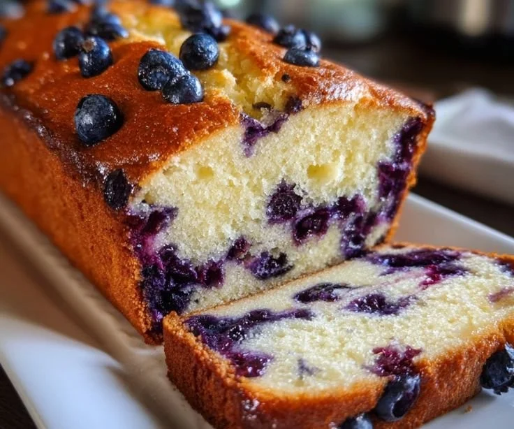 Delicious blueberry loaf cake topped with fresh blueberries and a drizzle of glaze.
