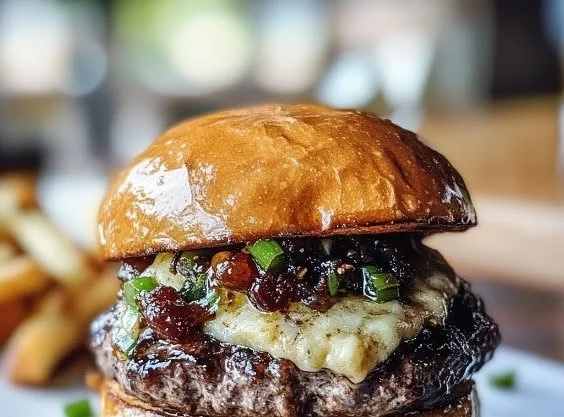 Delicious Bourbon Bacon Jam Burger on a rustic wooden plate