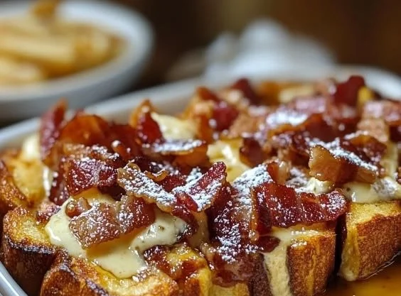 Delicious Bourbon Maple Bacon French Toast served with syrup and crispy bacon