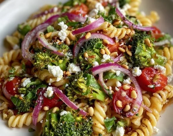 Colorful broccoli pasta salad with cherry tomatoes and dressing in a bowl