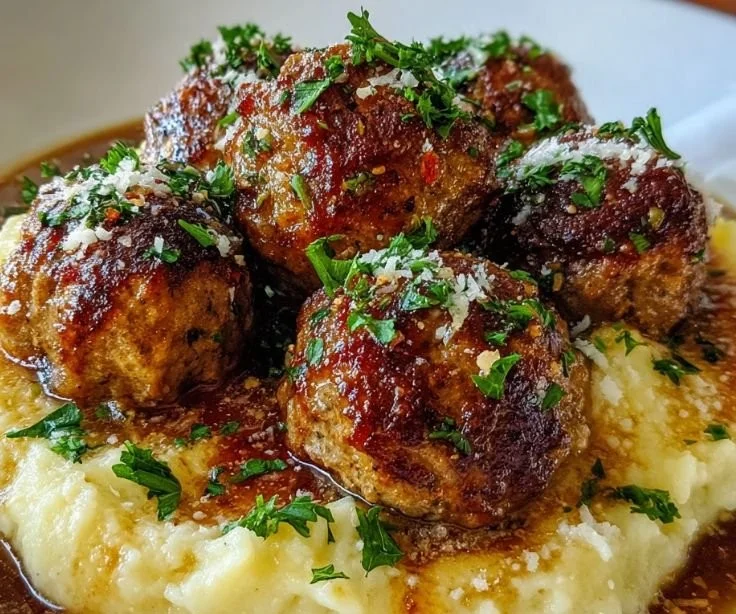 Brown gravy beef meatballs served with buttered mashed potatoes
