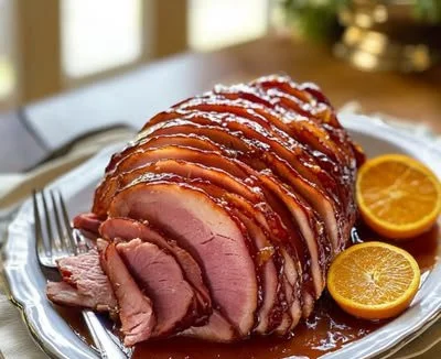 Delicious brown sugar ham glaze dripping over a baked ham for festive dinners.