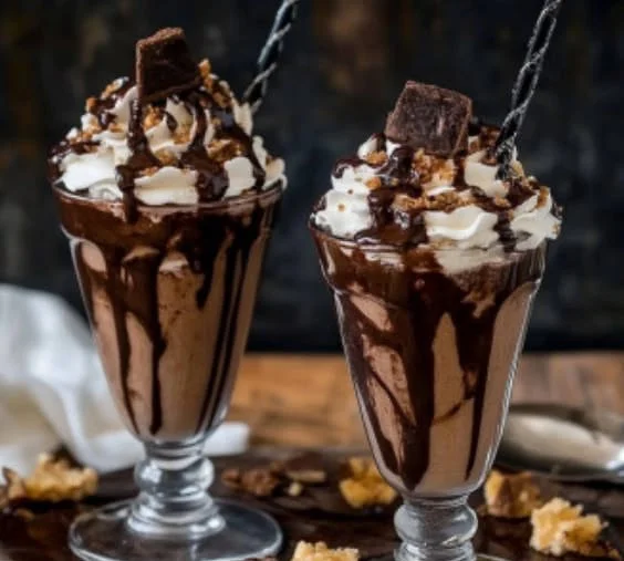 Delicious Brownie Milkshake topped with whipped cream and chocolate drizzle