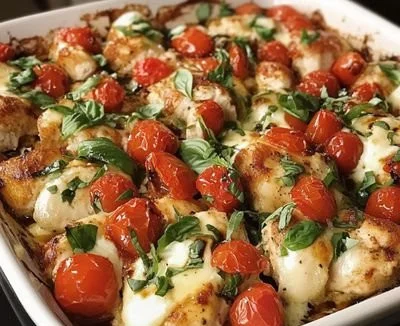 Baked Bruschetta Chicken topped with tomatoes and basil