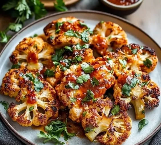 Buffalo Cauliflower Steak with spicy sauce and garnishes on a plate