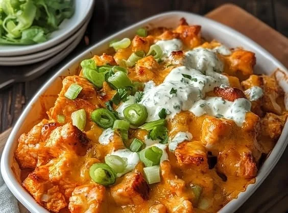 Delicious Buffalo Chicken Bowls garnished with fresh vegetables and ranch dressing