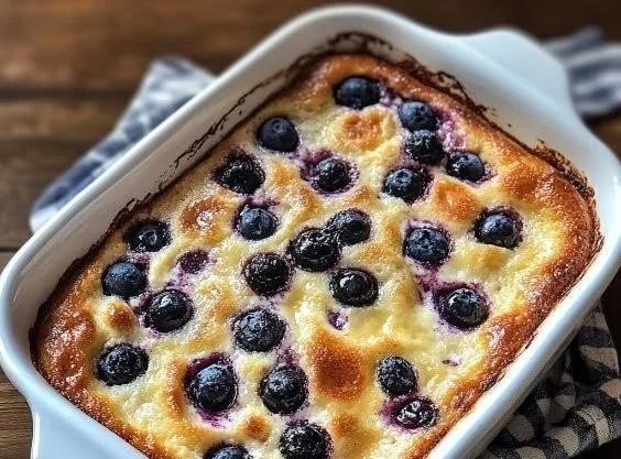 Freshly baked buttermilk blueberry pancake casserole topped with syrup and berries