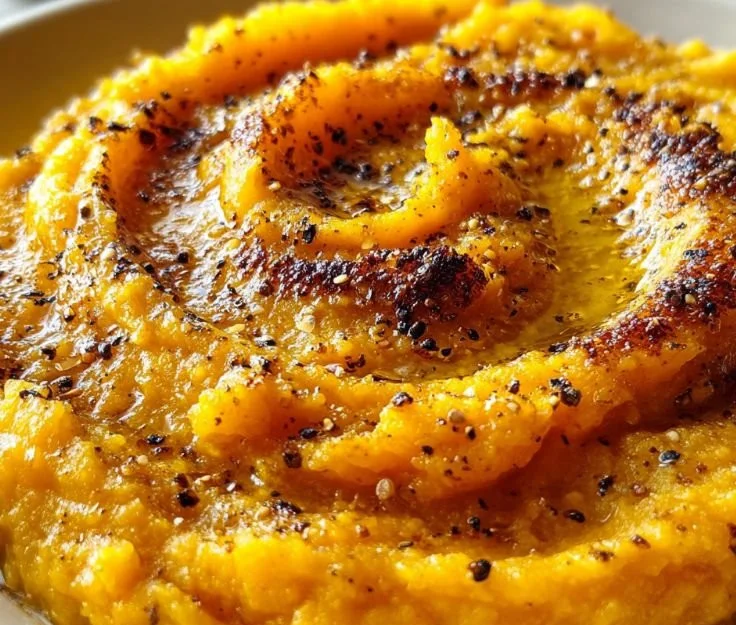 Creamy butternut squash mash with roasted garlic in a bowl