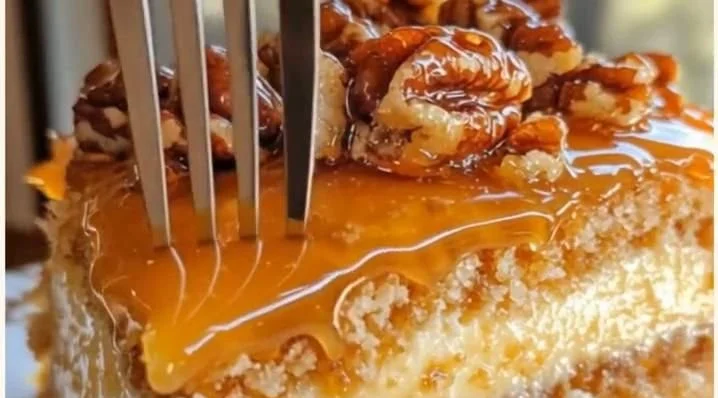 Delicious Caramel Pecan Cake topped with Crème Brûlée, perfect for dessert lovers.
