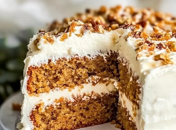 Delicious homemade carrot cake with cream cheese frosting and fresh carrots