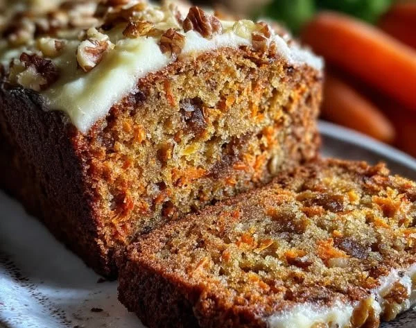 Moist carrot cake loaf with cream cheese frosting and walnuts on a rustic plate