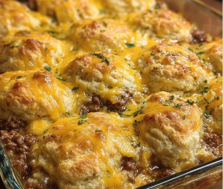 Delicious Cheddar Bay Hamburger Casserole topped with cheese and herbs