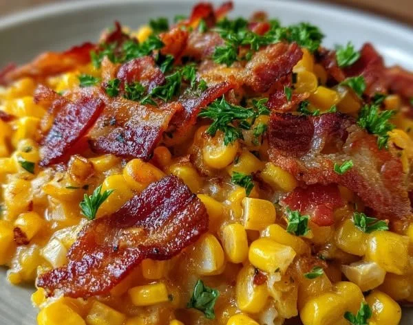 Delicious cheddar corn with bacon in a slow cooker