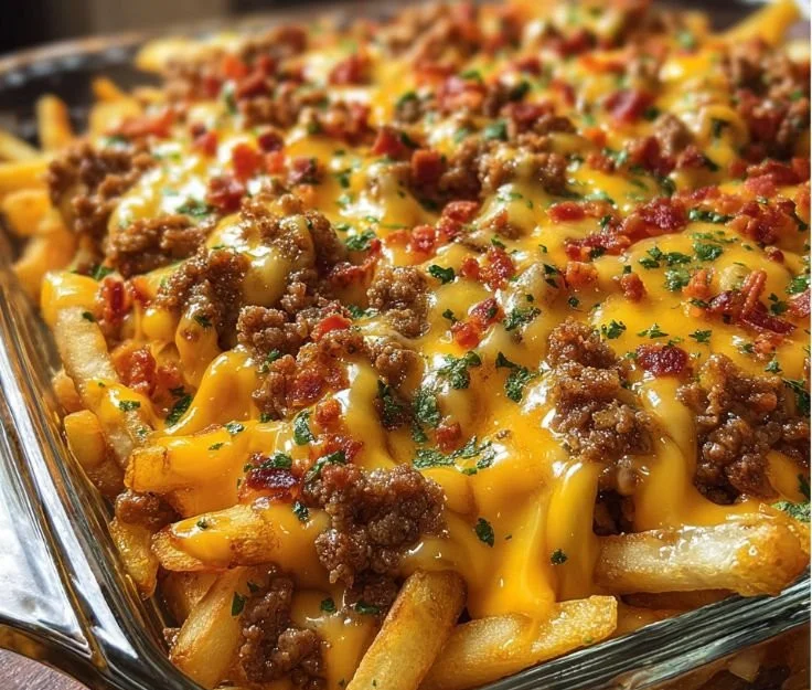 Delicious Cheeseburger French Fry Casserole topped with melted cheese and fries.