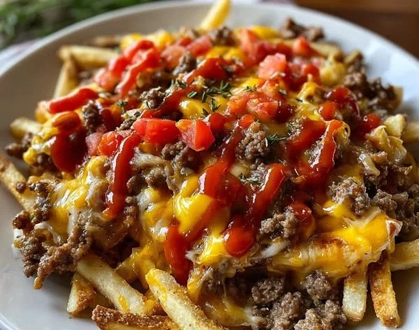 Cheeseburger Casserole topped with crispy French fries in a baking dish