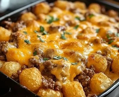 Cheeseburger Tater Tot Casserole topped with melted cheese and crispy tater tots.