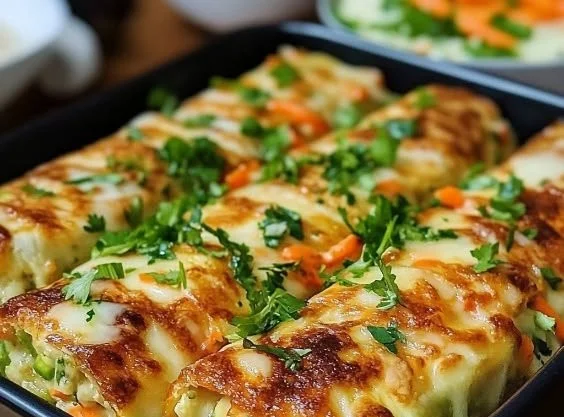 Cheesy baked vegetable rolls fresh out of the oven, golden and crispy.