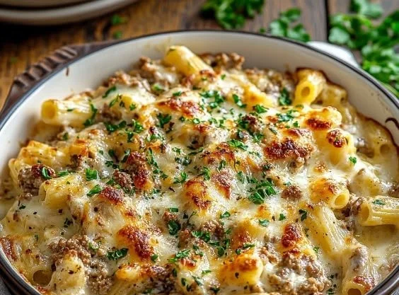 Delicious cheesy ground turkey pasta served in a bowl with fresh herbs