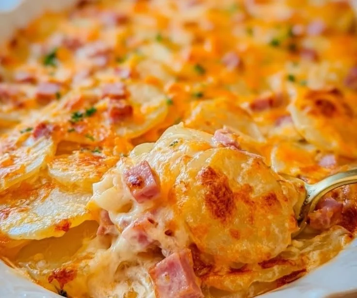 Delicious Cheesy Ham Scalloped Potatoes topped with golden cheese and herbs.