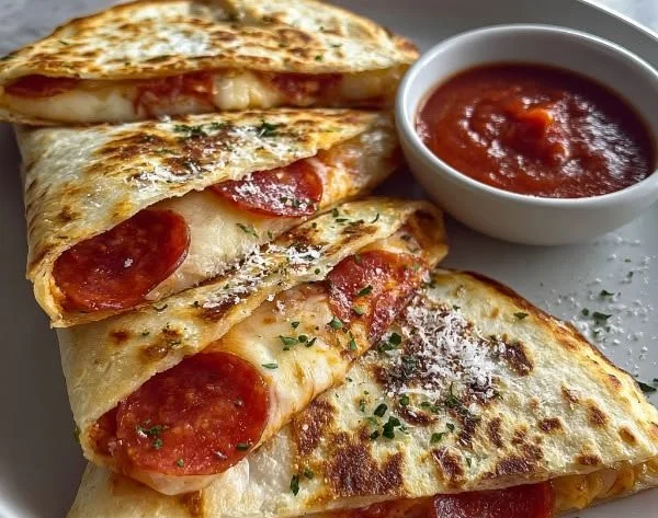 Cheesy pepperoni pizza quesadilla with melted cheese and pepperoni slices