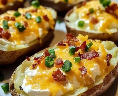 Cheesy twice-baked potatoes topped with melted cheese and herbs